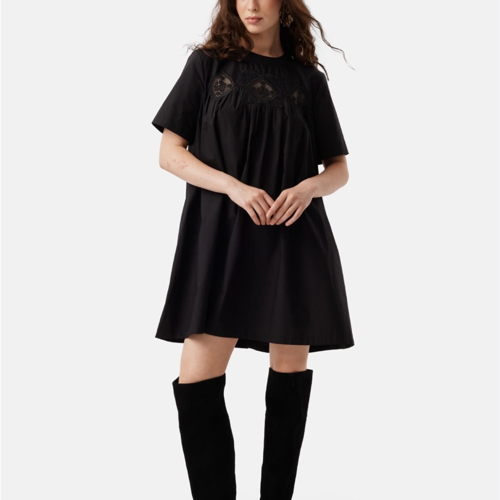 Black Short Sleeve Babydoll Dress with Embroidered Yoke